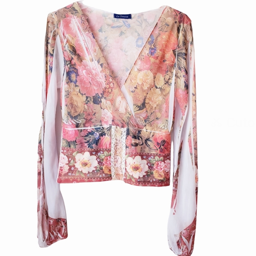 Vintage Le Donne Flora Print Long Sleeve Swmi Sheer Top